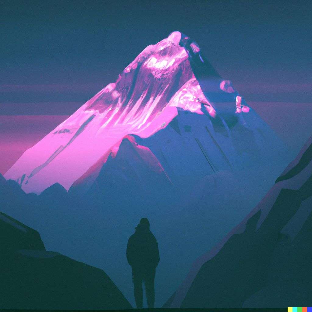 someone gazing at Mount Everest, digital art, synthwave